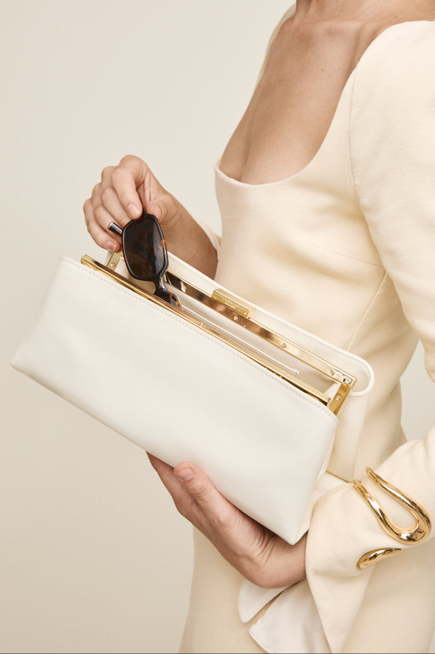 Elegant Gold Ivory Éclair Premium Calf Leather Convertible Shoulder Bag Clutch