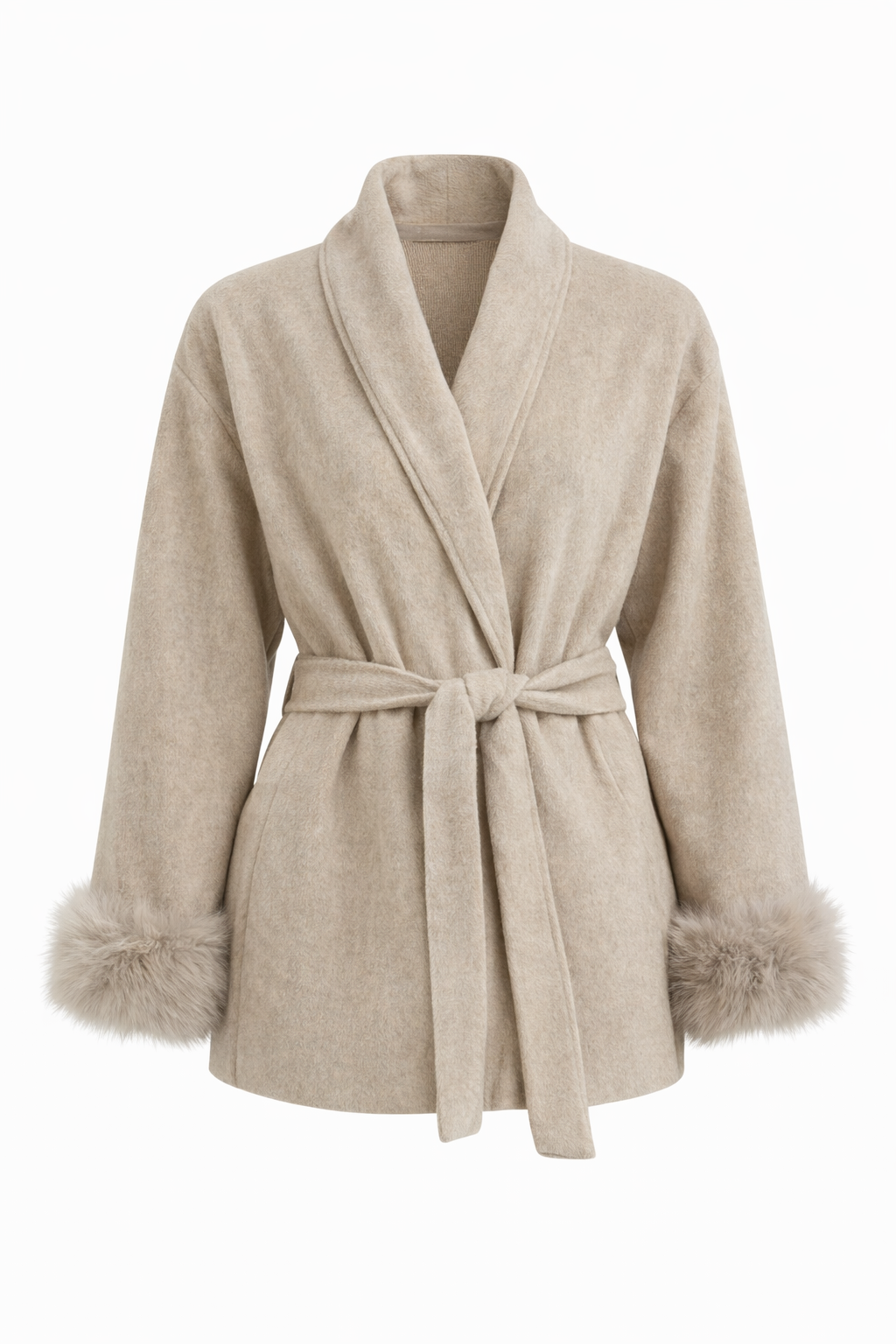 Minimal Belted Jacket with Faux Fur Cuffs - Beige