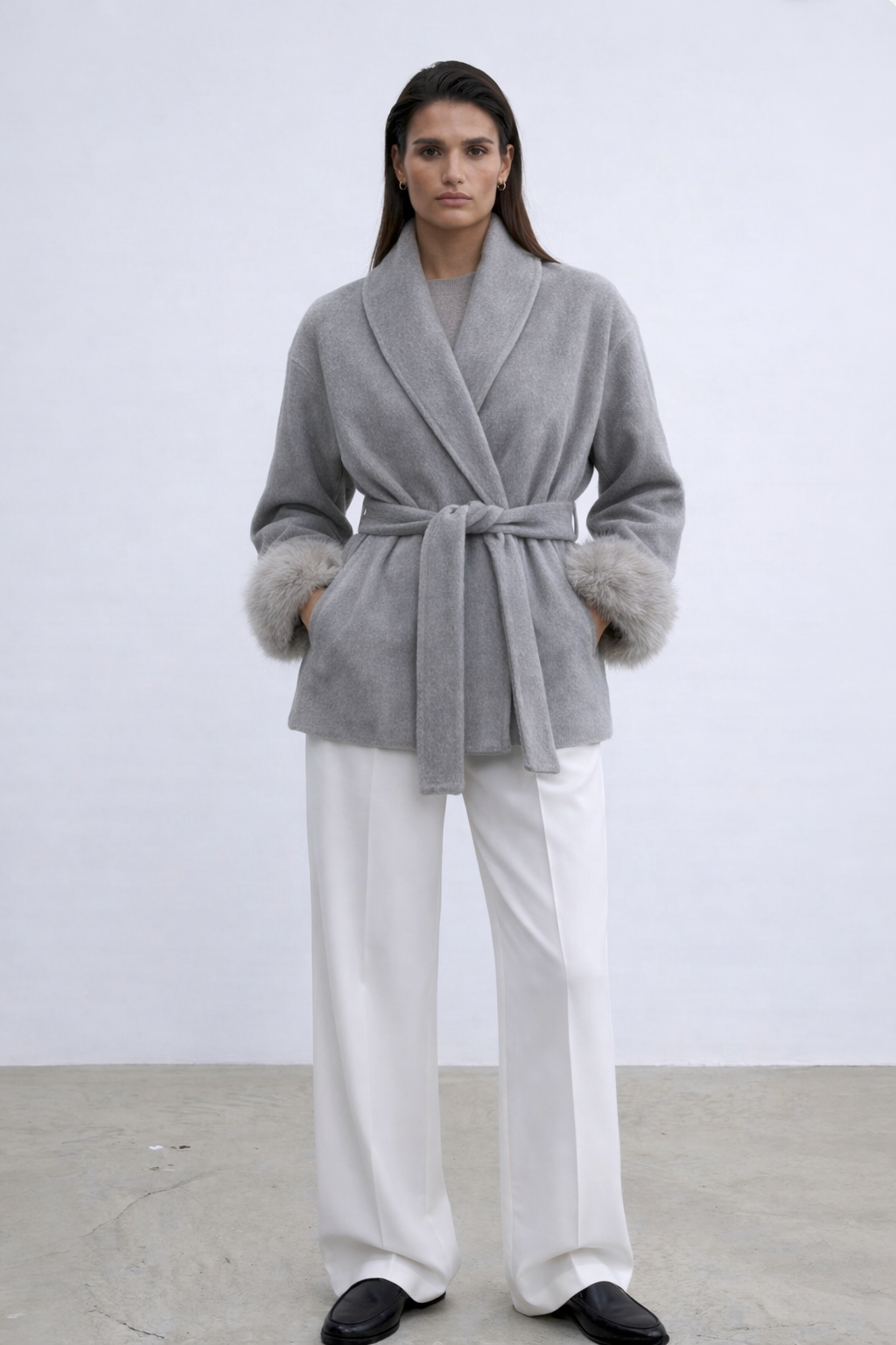 Minimal Belted Jacket with Faux Fur Cuffs - Grey