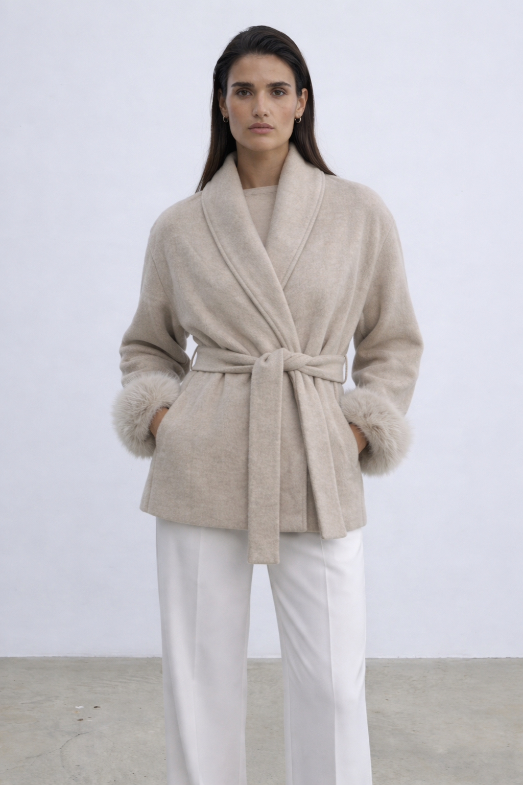 Minimal Belted Jacket with Faux Fur Cuffs - Beige