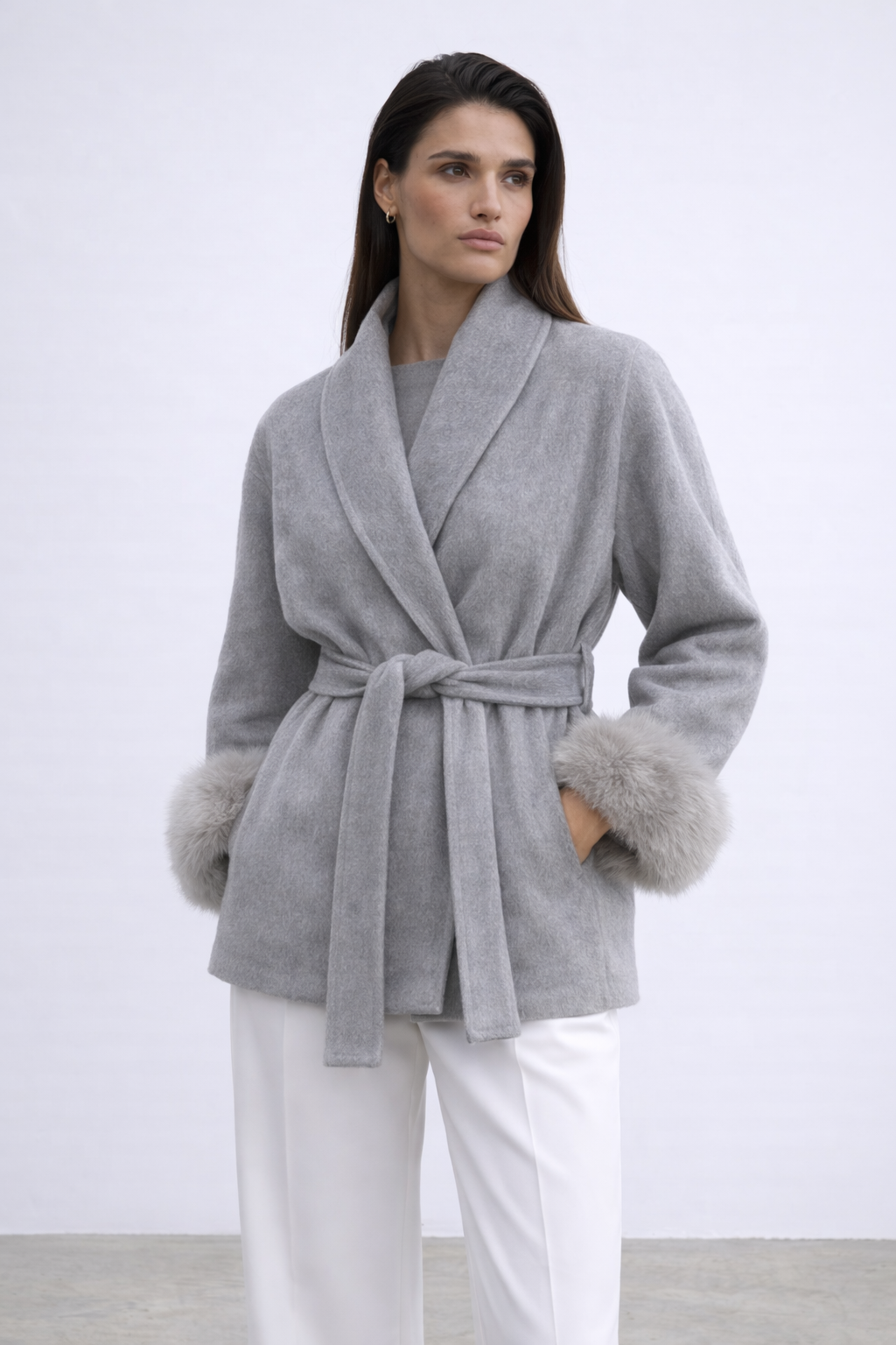 Minimal Belted Jacket with Faux Fur Cuffs - Grey