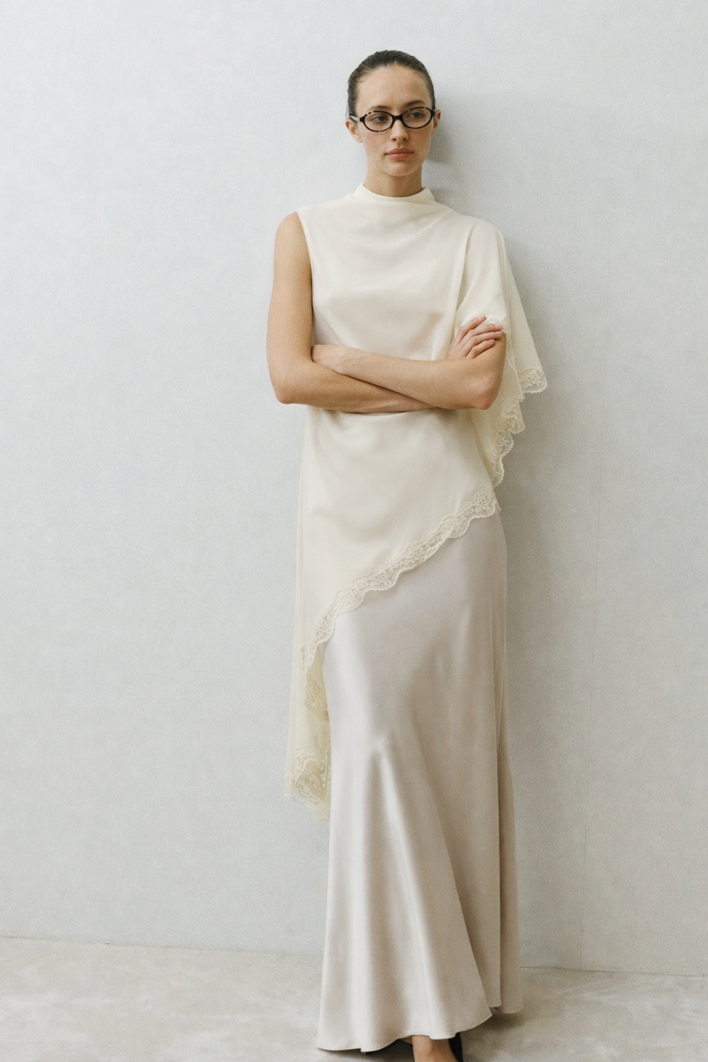 Olivia Asymmetric Draped Lace Trim Top