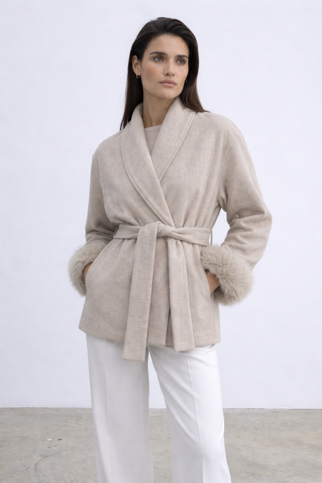 Minimal Belted Jacket with Faux Fur Cuffs - Beige