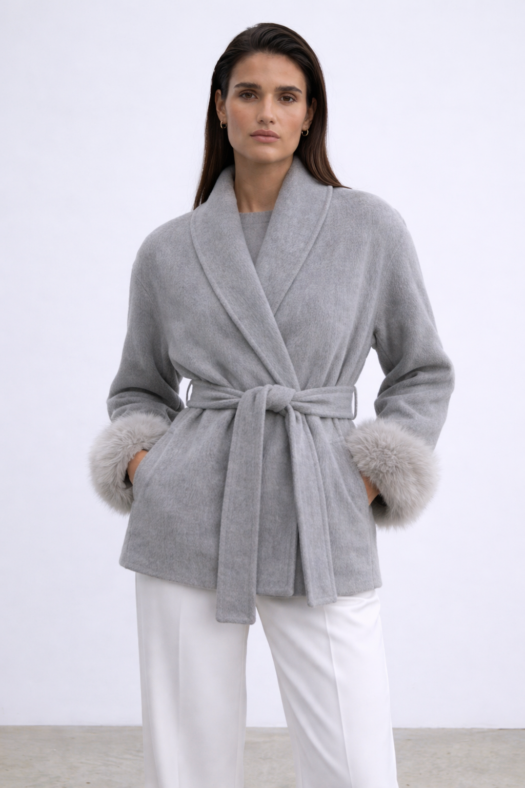 Minimal Belted Jacket with Faux Fur Cuffs - Grey