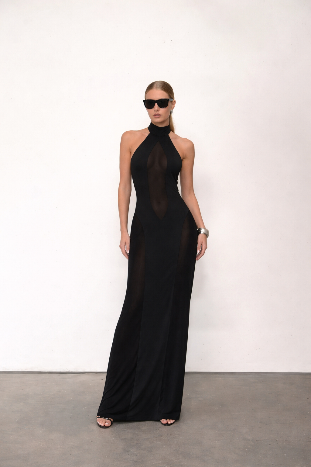 Karen Black Sheer Mesh Panel Halter Dress