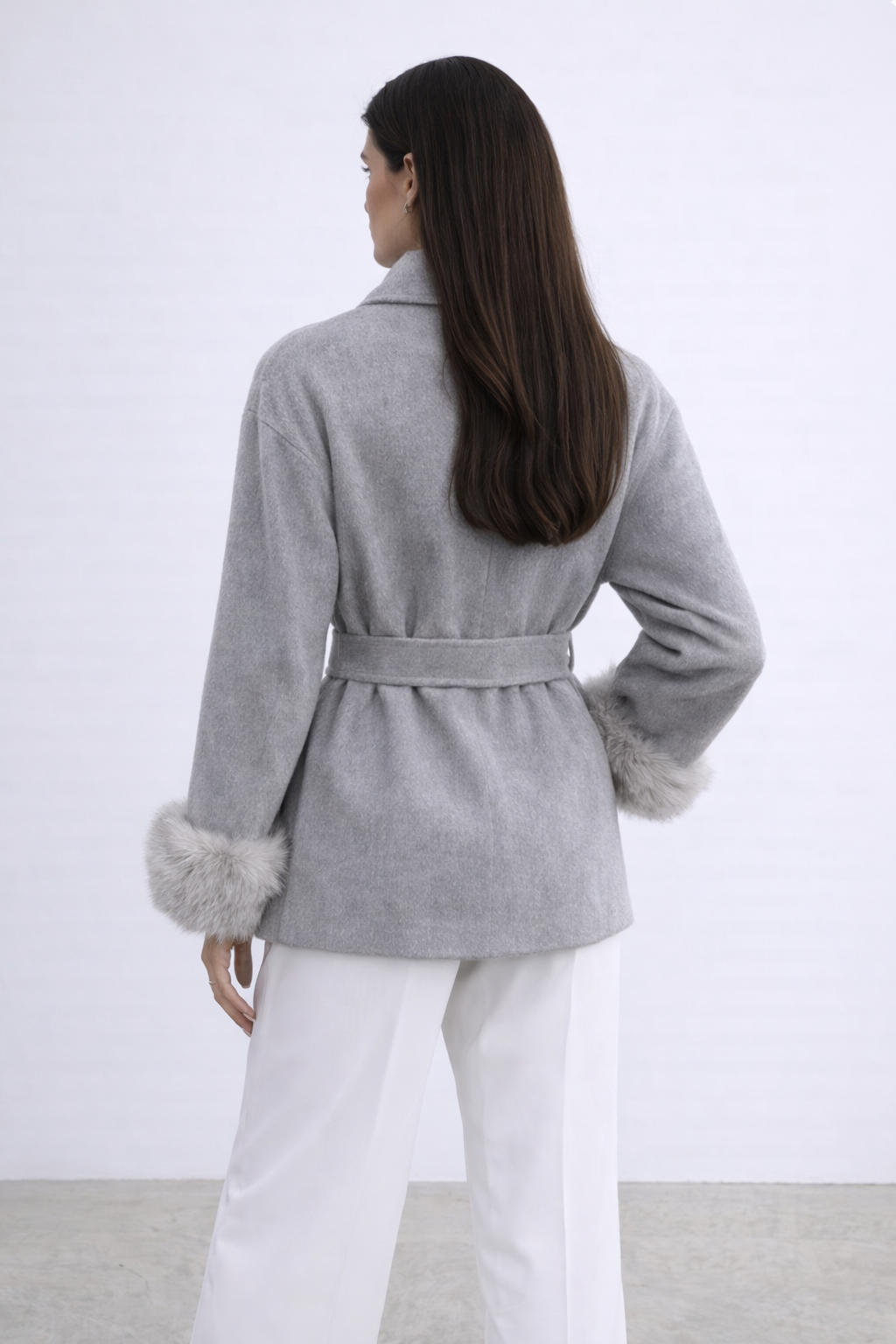 Minimal Belted Jacket with Faux Fur Cuffs - Grey