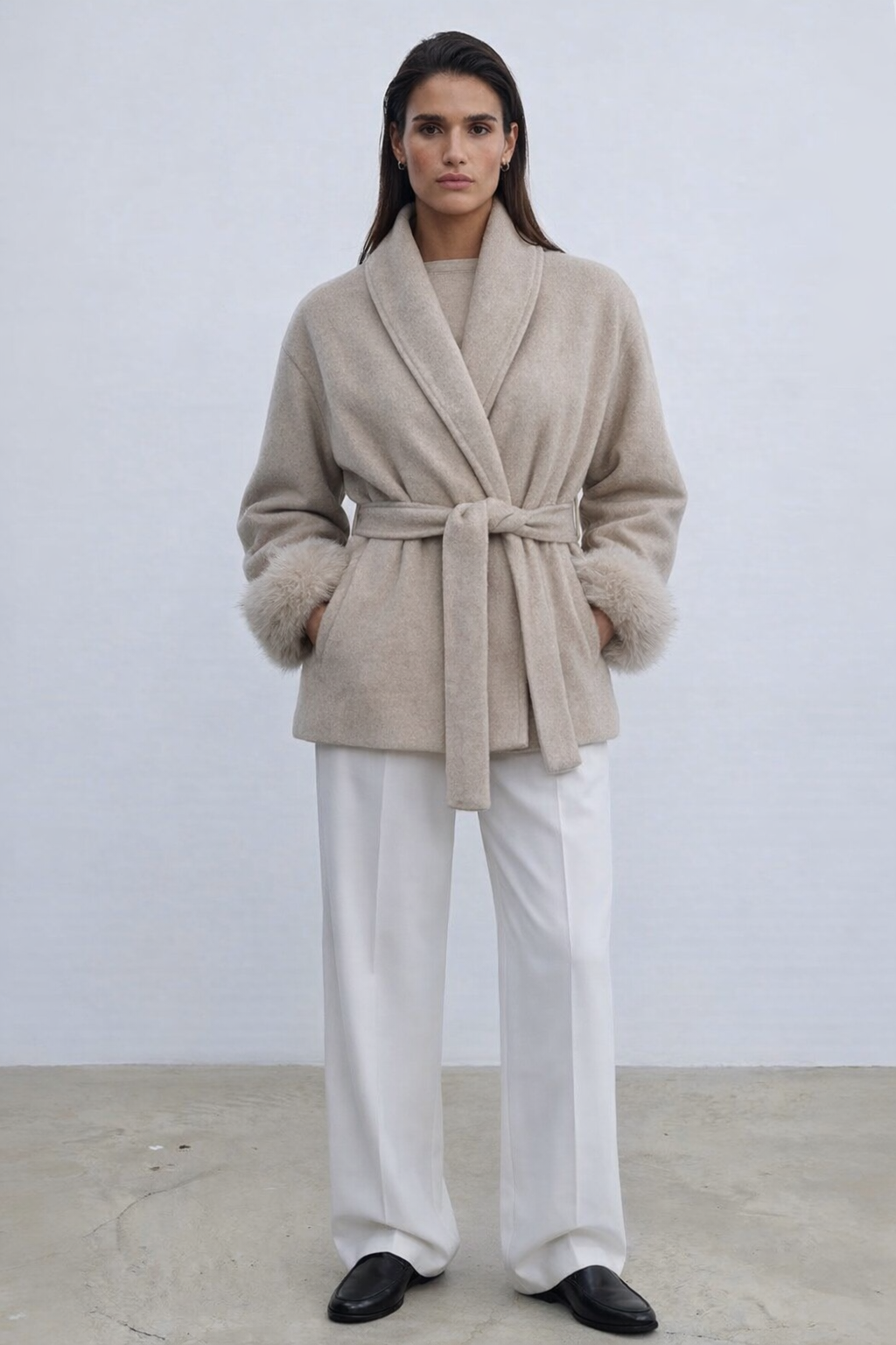 Minimal Belted Jacket with Faux Fur Cuffs - Beige