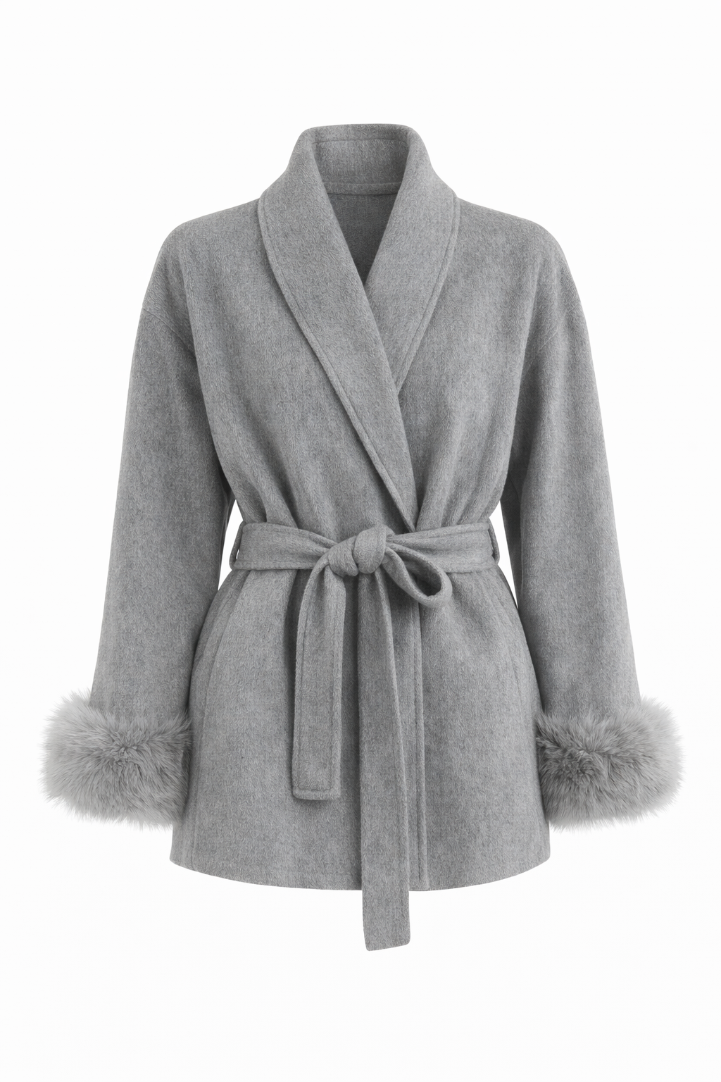 Minimal Belted Jacket with Faux Fur Cuffs - Grey