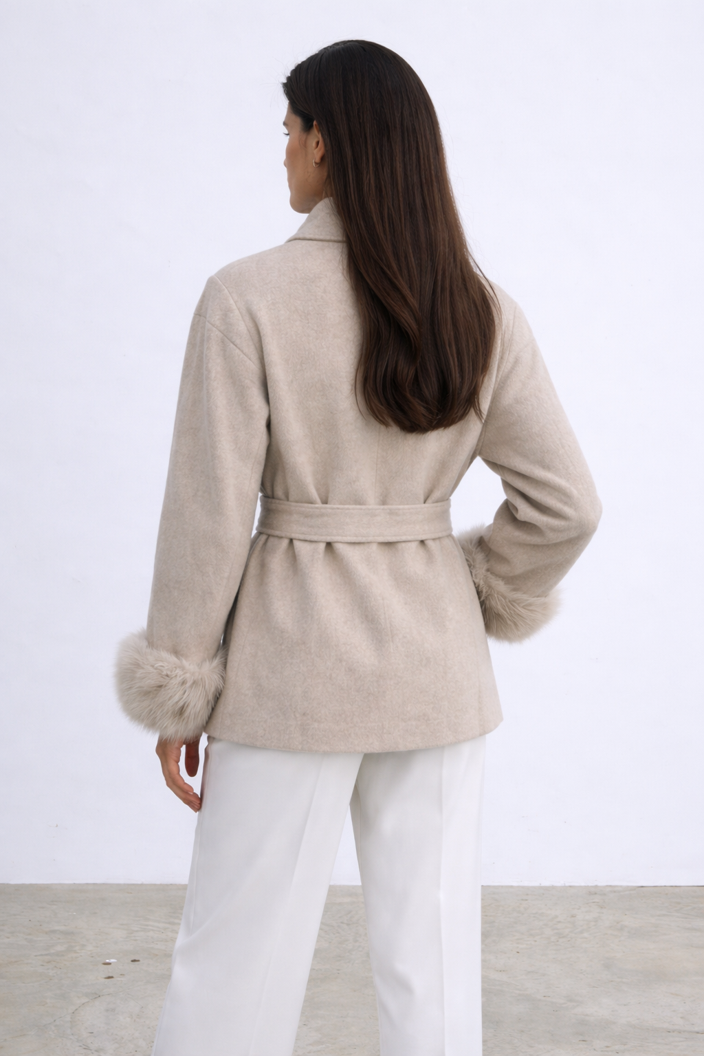 Minimal Belted Jacket with Faux Fur Cuffs - Beige