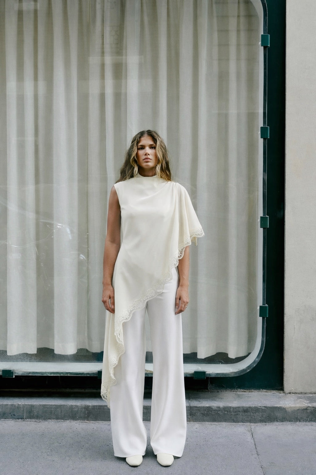 Olivia Asymmetric Draped Lace Trim Top