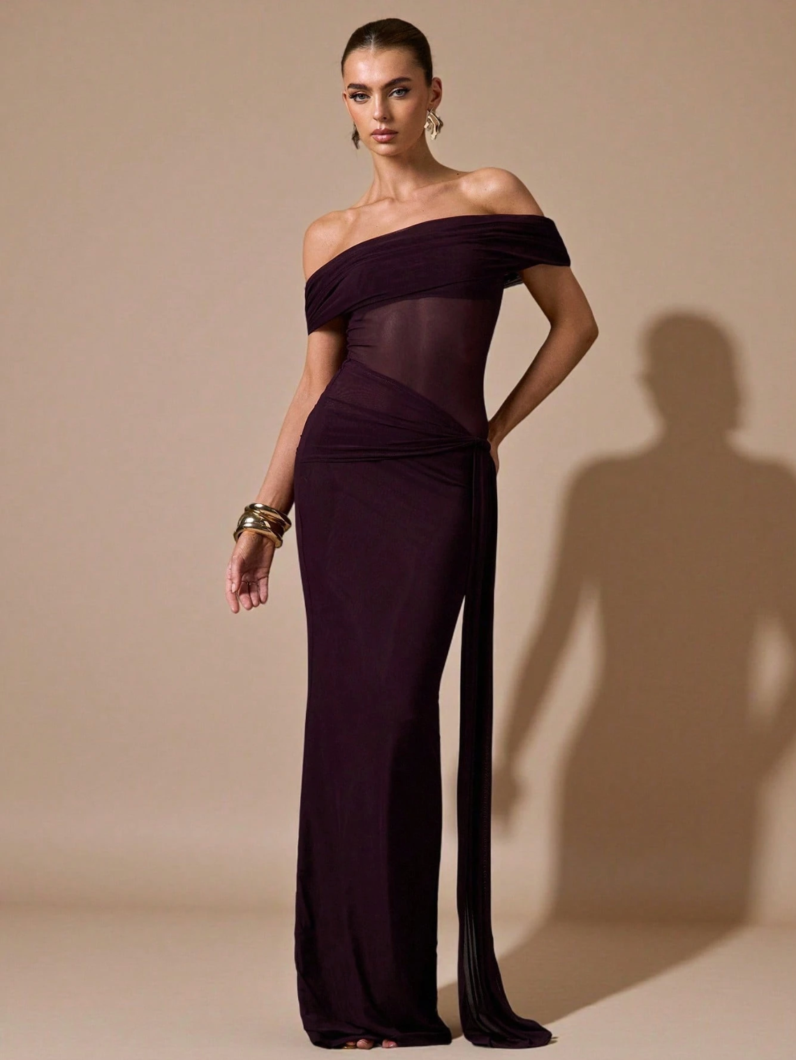 Yasmine Off-Shoulder Mesh Draped Maxi Dress