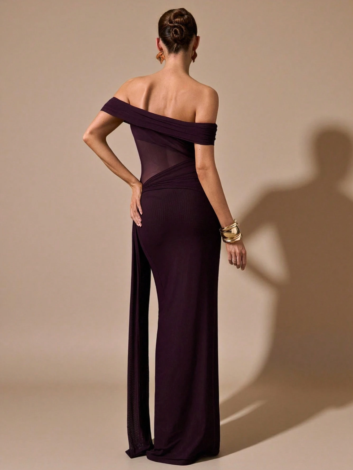 Yasmine Off-Shoulder Mesh Draped Maxi Dress