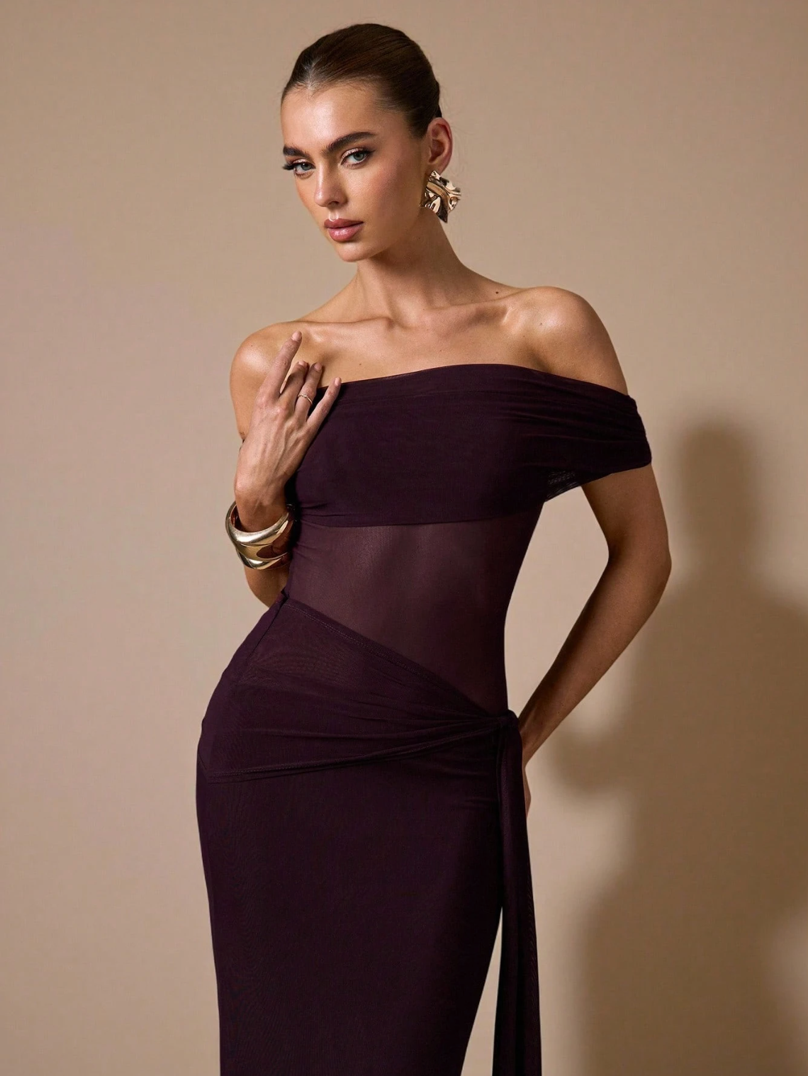 Yasmine Off-Shoulder Mesh Draped Maxi Dress