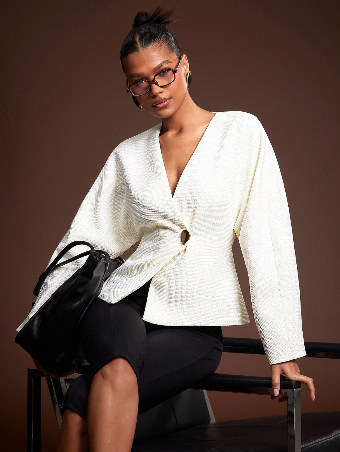 Tamara Textured V-Neck Blazer Ivory