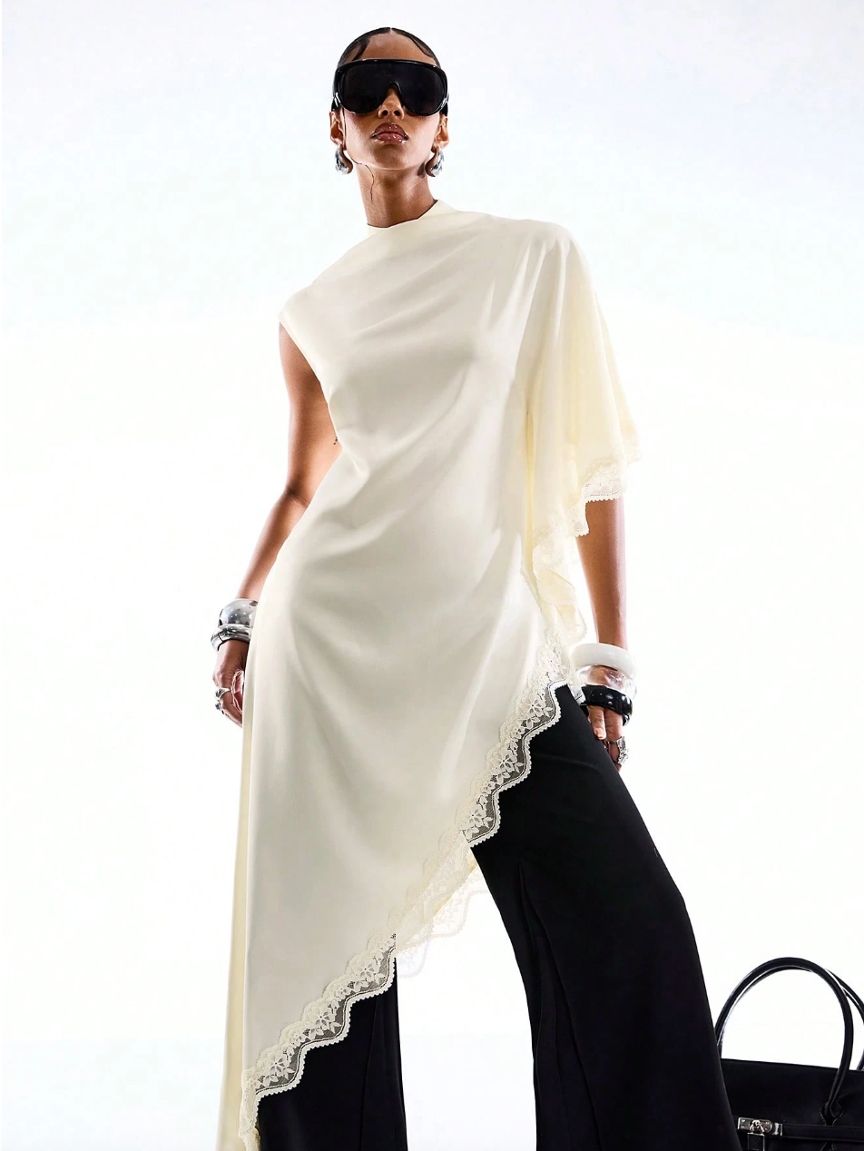 Olivia Asymmetric Draped Lace Trim Top