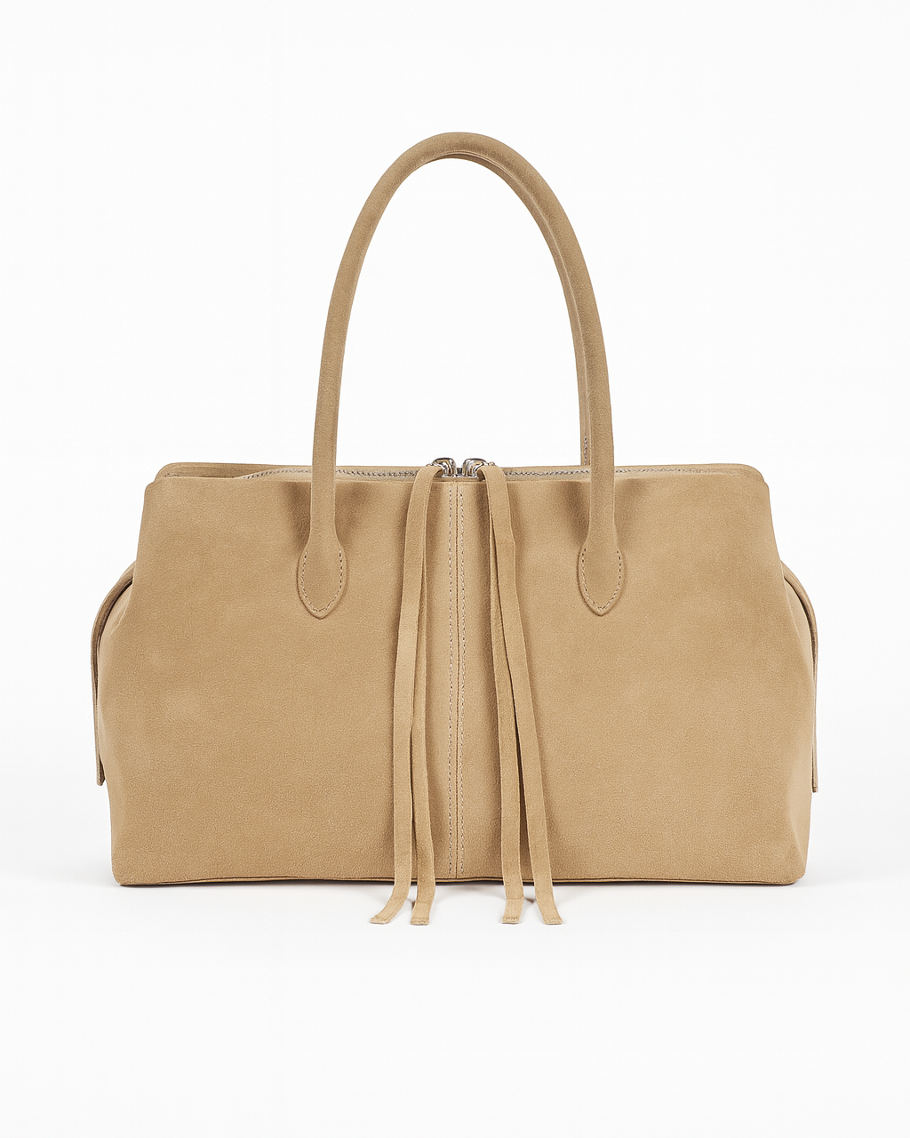 Beige handbag with drawstring on a white background
